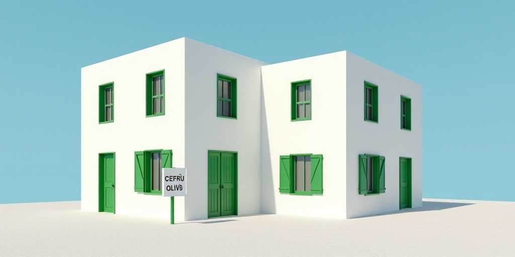 a white building with green windows and a sign in front of it that says, the building is white and h