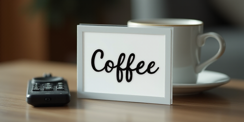a white sign with black writing on it sitting on a table next to a cup of coffee and a remote contro