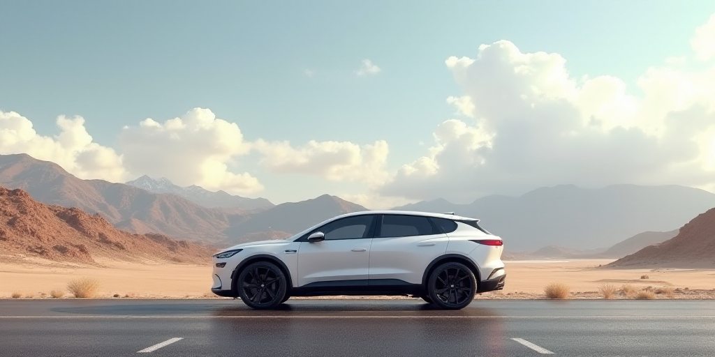 a white suv is parked on a paved road in the desert with mountains in the background and clouds in t