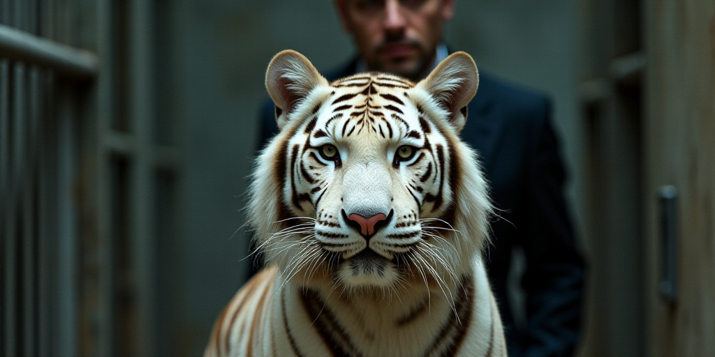 a white tiger in a cage looking out at the camera man behind it is a man in a suit, Farid Mansour, a