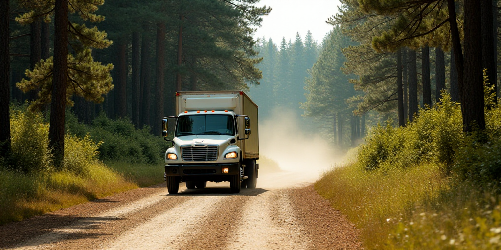 a white truck driving down a dirt road next to a forest filled with trees and bushes on a sunny day,