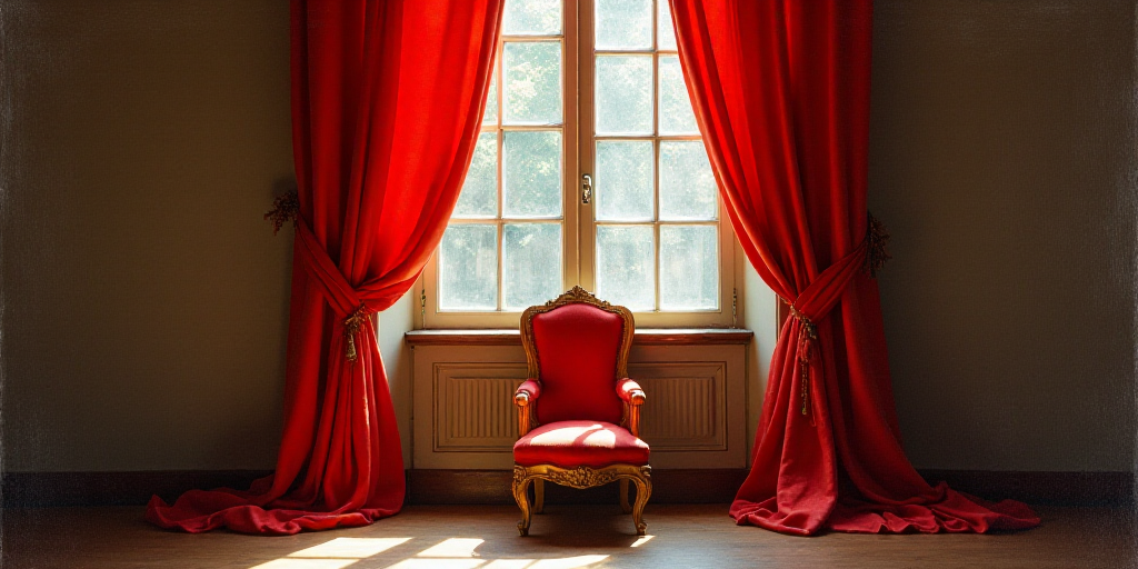a window with a red curtain and a red chair in front of it and a red chair in front of it, Christo,