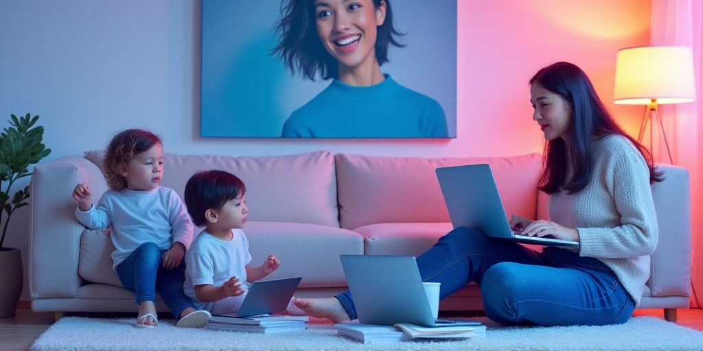 a woman and a child sitting on a couch with laptops and books on the floor and a wall with a paintin