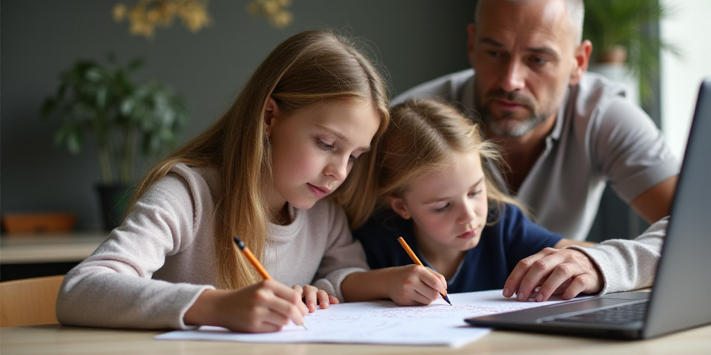 a woman and a girl are sitting at a table with a laptop and a pencil in their hands and a man behind