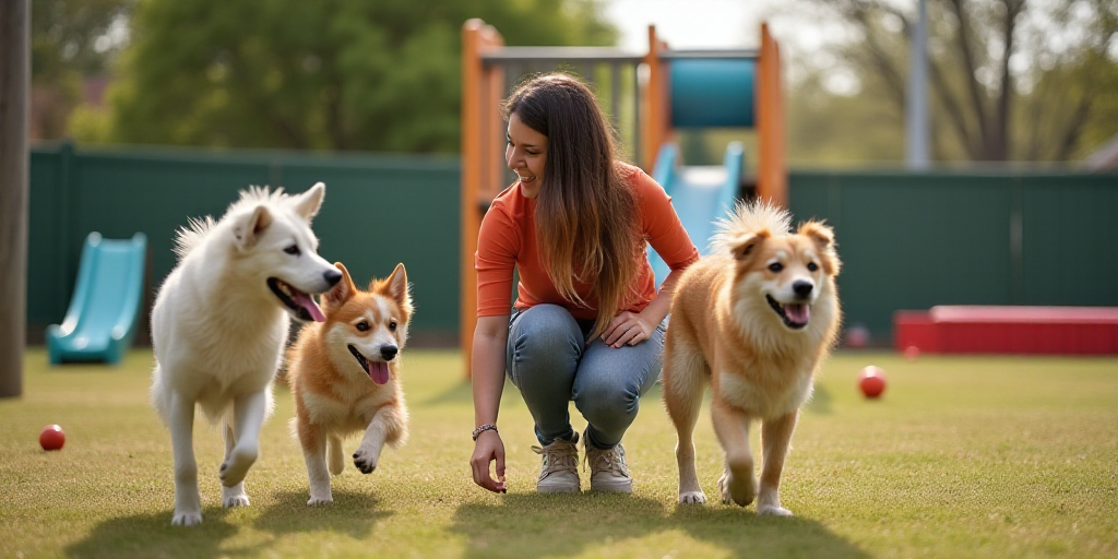 a woman and her dogs playing in a playground area with a slide and ball pit in the background and a