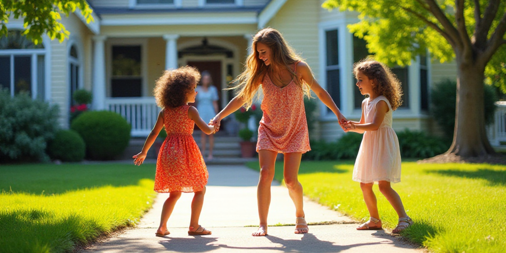 a woman and two girls dancing on a sidewalk in front of a house with a woman in the background, Brac
