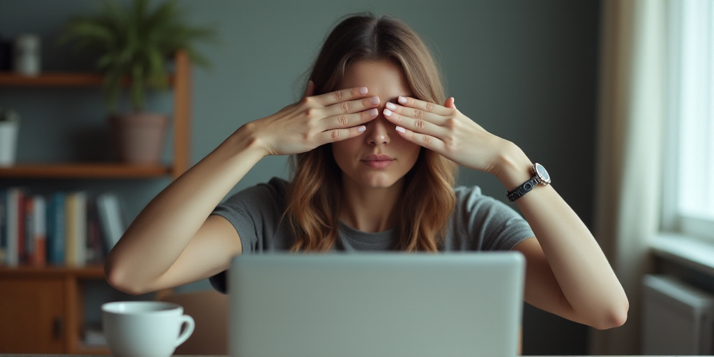 a woman covering her eyes while sitting at a desk with a laptop computer and a cup of coffee in fron