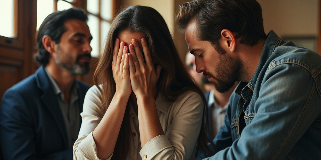 a woman covering her face with her hands while others are around her and a man is holding his head,
