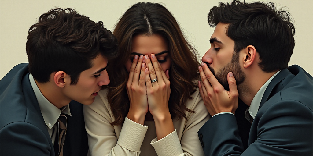 a woman covering her face with her hands while others are around her and a man is holding his head,