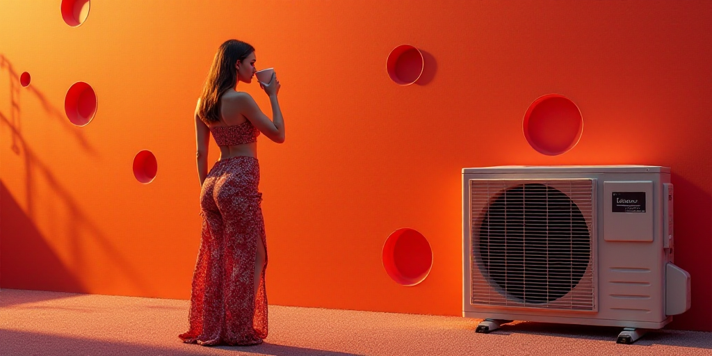a woman drinking from a cup next to a air conditioner and a red wall with circles on it, David LaCha