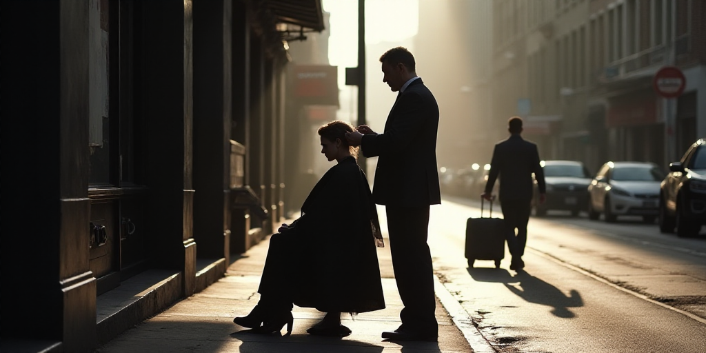 a woman getting her hair cut by a man on a street corner with a suitcase and a man walking by, Charl