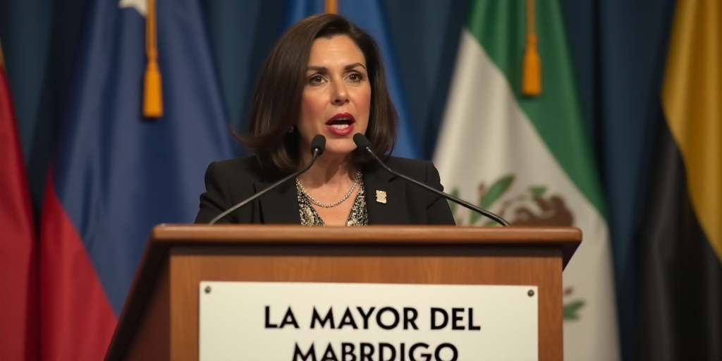 a woman giving a speech at a podium with a flag behind her and a sign behind her that says la mayor