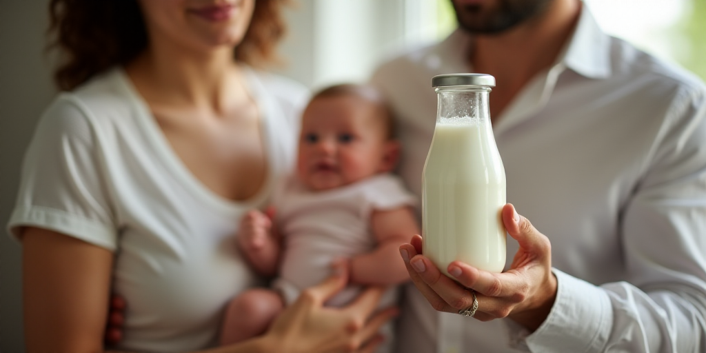 a woman holding a baby and a bottle of milk with a baby in it and a man holding a bottle of milk, É