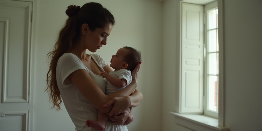 a woman holding a baby in her arms in a room with white walls and a window with shutters, Camille Bo