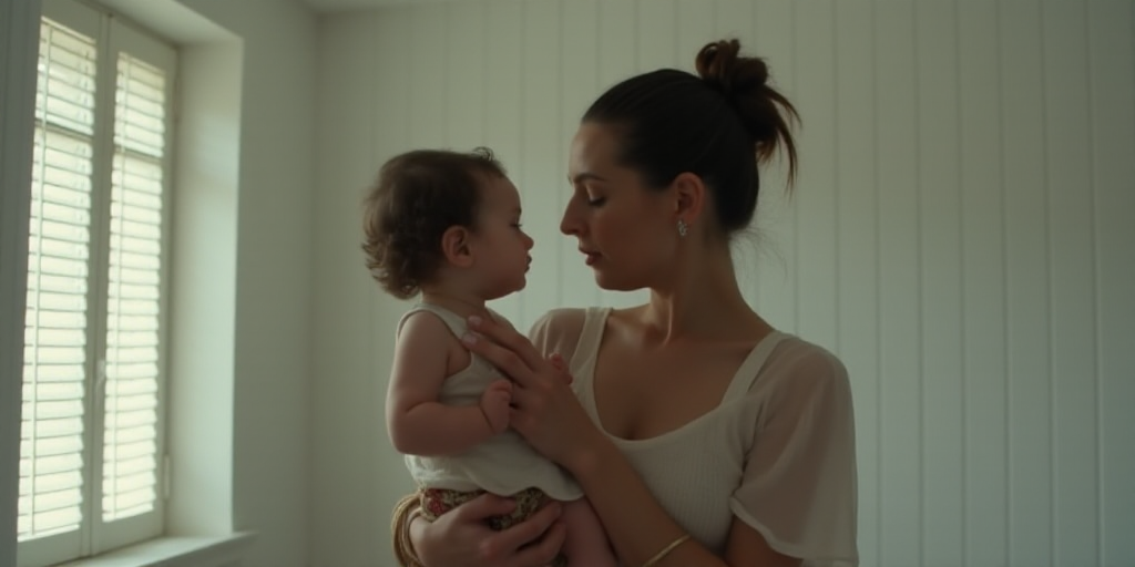 a woman holding a baby in her arms in a room with white walls and a window with shutters, Camille Bo