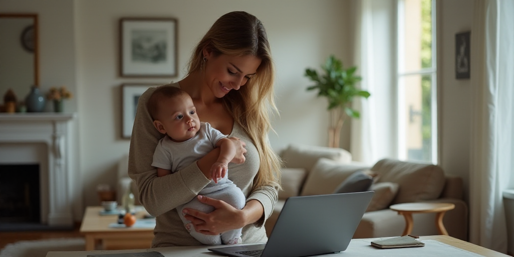 a woman holding a baby in her arms in a living room with a laptop on the table and a coffee table, C