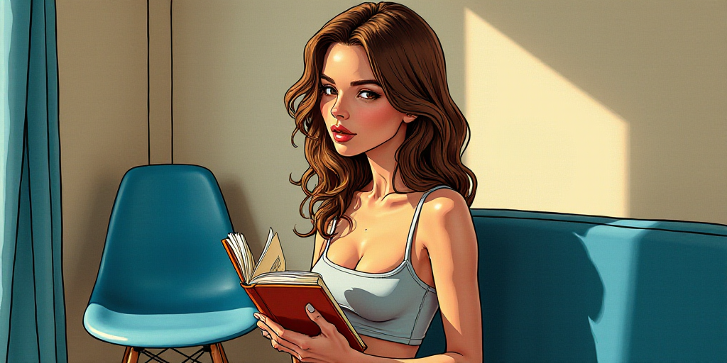 a woman holding a book in her hands in a room with a blue chair and a blue chair behind her, Carla W