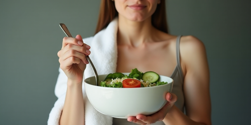 a woman holding a bowl of salad with a fork in it and a towel over her shoulder, with a cucumber and