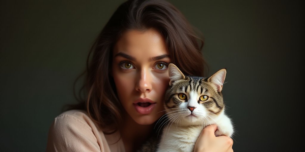 a woman holding a cat in her arms while she is looking at the camera with a surprised look on her fa