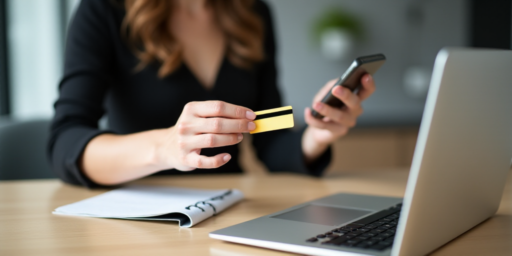 a woman holding a credit card and a cell phone in her hand while sitting at a desk with a laptop and