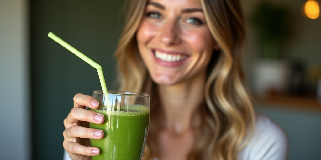 a woman holding a glass of green smoothie with a straw in her hand and smiling at the camera, Adrien