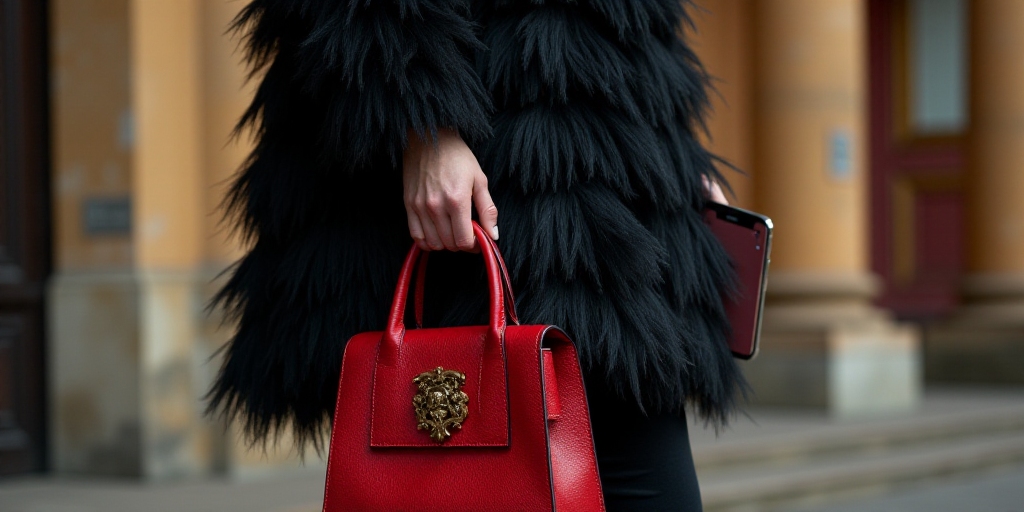 a woman holding a red purse with a black feathered coat on top of her shoulders and a cell phone in
