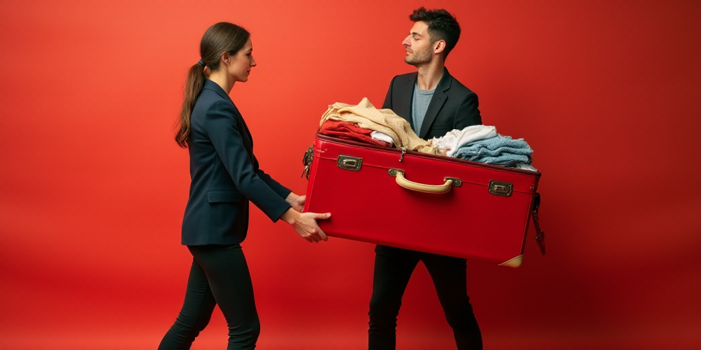 a woman holding a red suitcase with clothes inside of it and a man holding a red suitcase with cloth