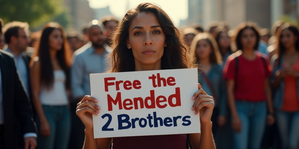 a woman holding a sign that says free the mended 2 brothers on it in front of a crowd of people, Edd