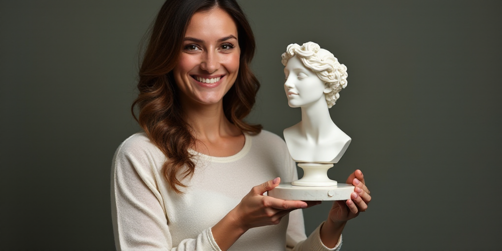a woman holding a trophy and a card in her hand and smiling at the camera with a smile on her face,