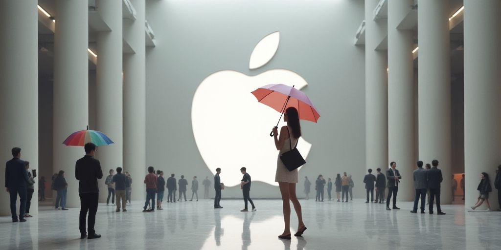 a woman holding an umbrella in a building with people walking around it and a large apple logo on th
