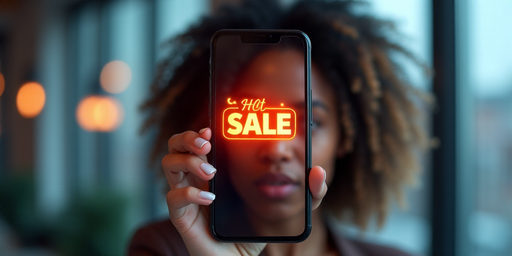 a woman holding up a cell phone with a hot sale on it in front of her face and a window, Andries Sto
