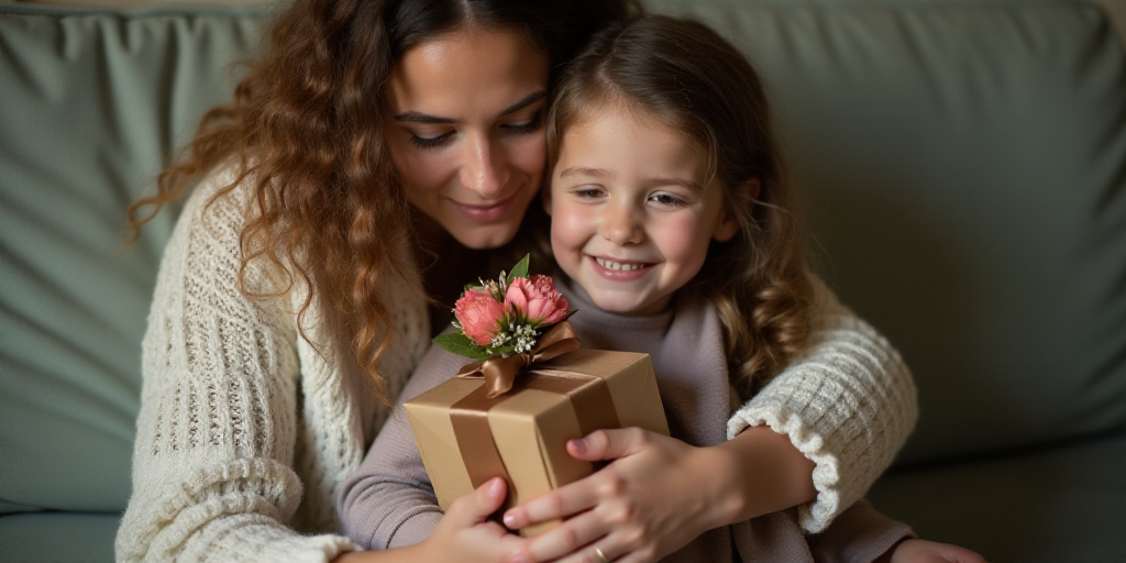 a woman hugging a little girl with a gift box and flowers in her lap and a gift wrapped in a brown r