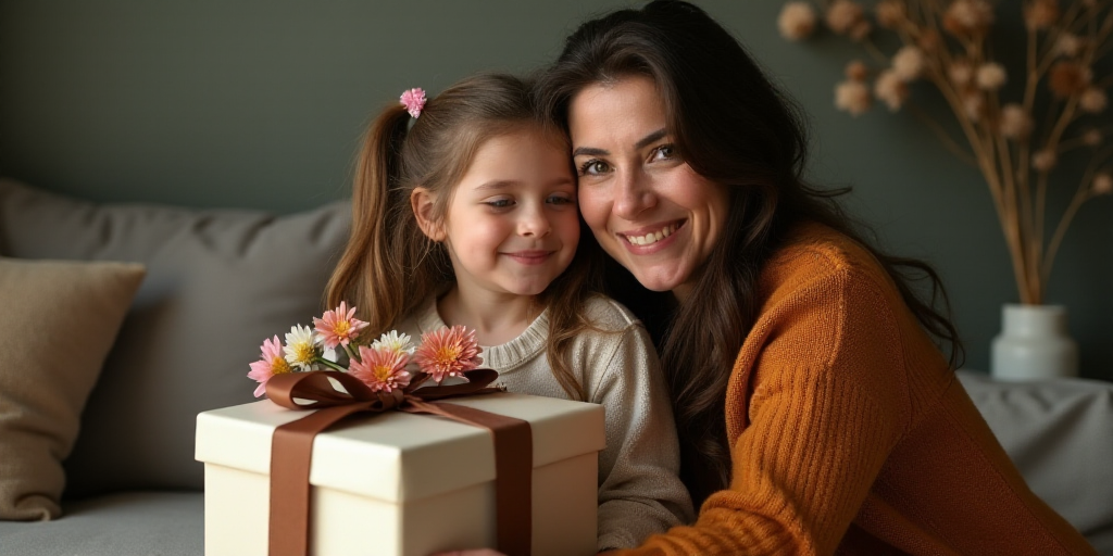 a woman hugging a little girl with a gift box and flowers in her lap and a gift wrapped in a brown r