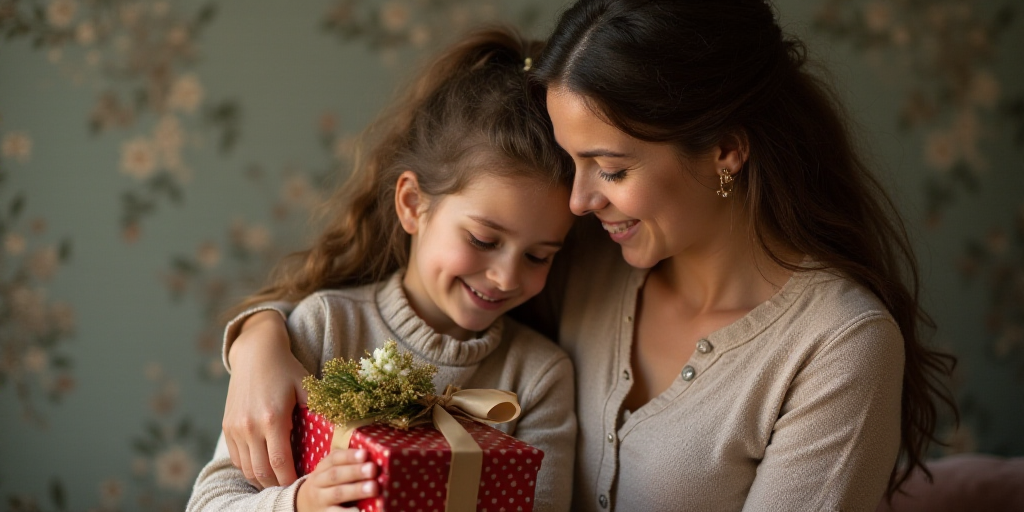 a woman hugging a little girl with a gift box and flowers in her lap and a gift wrapped in a brown r