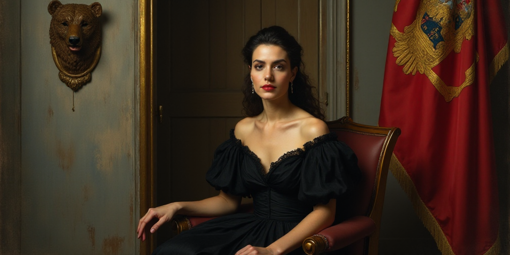 a woman in a black dress sitting in a chair in front of a flag and a door with a bear on it, Araceli