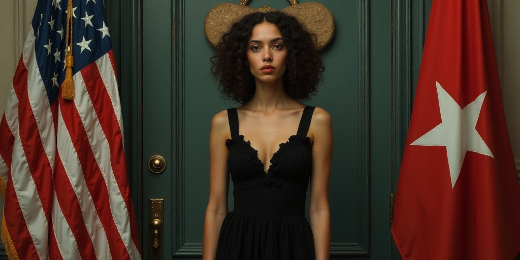 a woman in a black dress standing in front of a flag and a door with a bear on it, Araceli Gilbert,