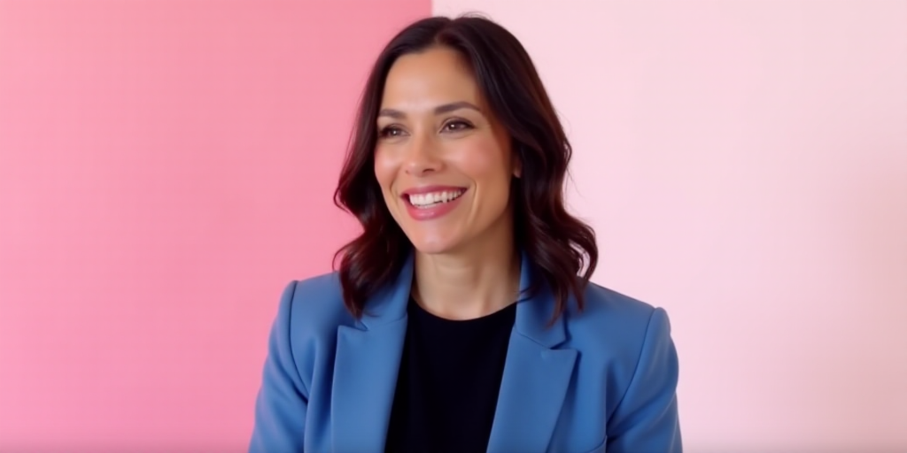 a woman in a blue jacket and black shirt smiling at the camera with a pink background and a white ba