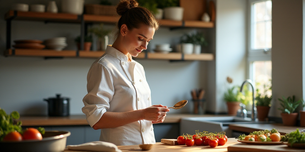 a woman in a chef's outfit is standing in a kitchen with a spoon in her hand and looking at the food