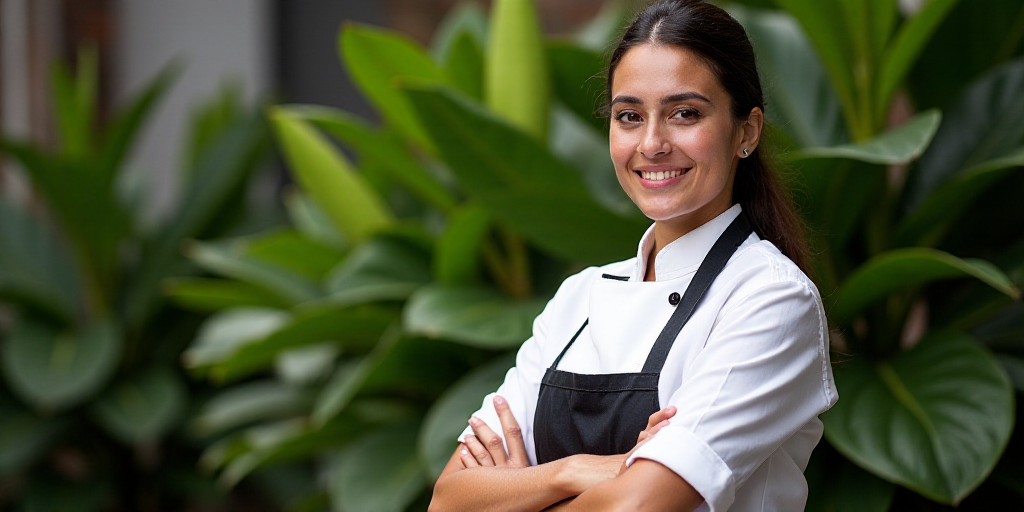 a woman in a chef's uniform standing in front of a plant with her arms crossed and smiling, Araceli
