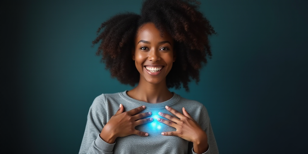 a woman in a gray top is smiling for the camera with her hands folded in front of her chest, Arament