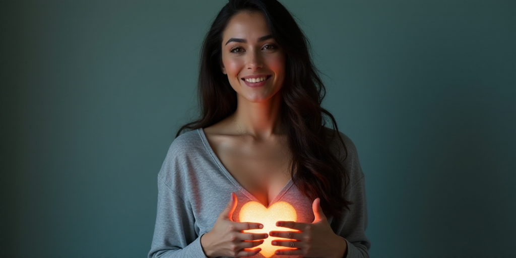 a woman in a gray top is smiling for the camera with her hands folded in front of her chest, Arament