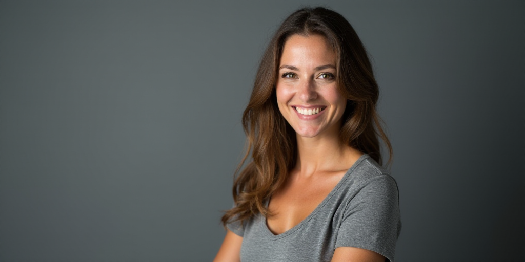 a woman in a gray top is smiling for a picture in a studio setting with a gray backdrop and a gray b