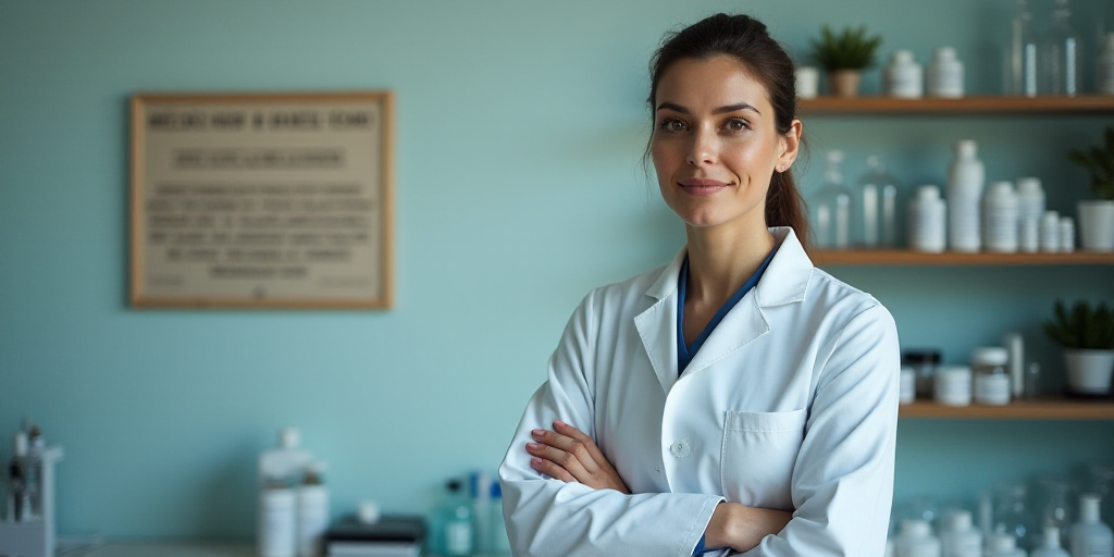 a woman in a lab coat standing next to a counter with bottles and a beakle on it and a sign on the w