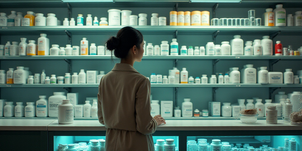 a woman in a pharmacy shop looking at a shelf of medicine bottles and other items on shelving units,