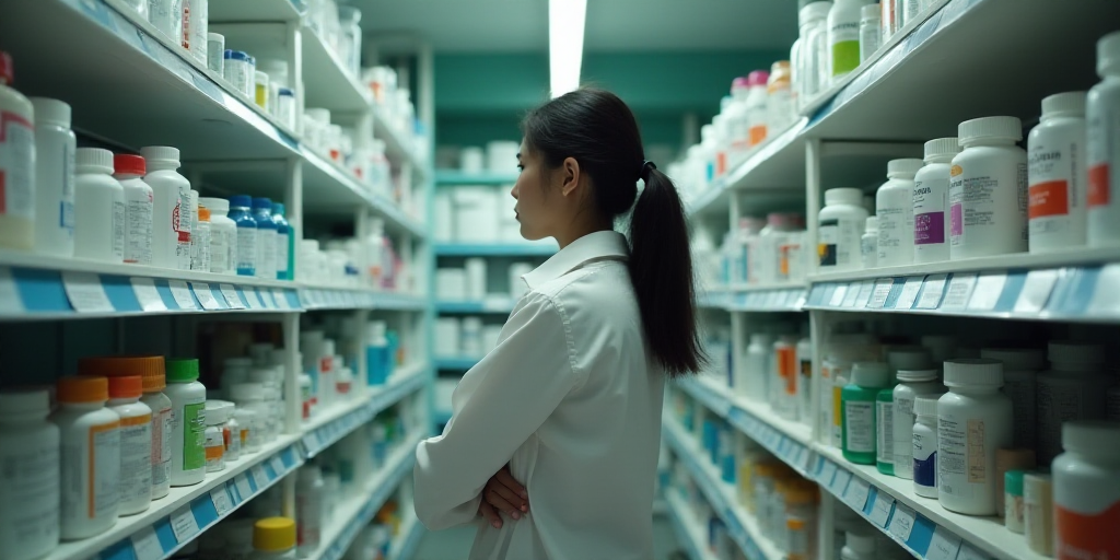 a woman in a pharmacy shop looking at a shelf of medicine bottles and other items on shelving units,
