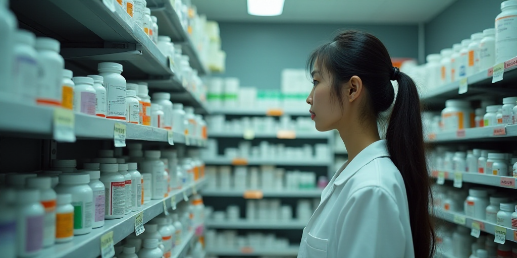 a woman in a pharmacy shop looking at a shelf of medicine bottles and other items on shelving units,