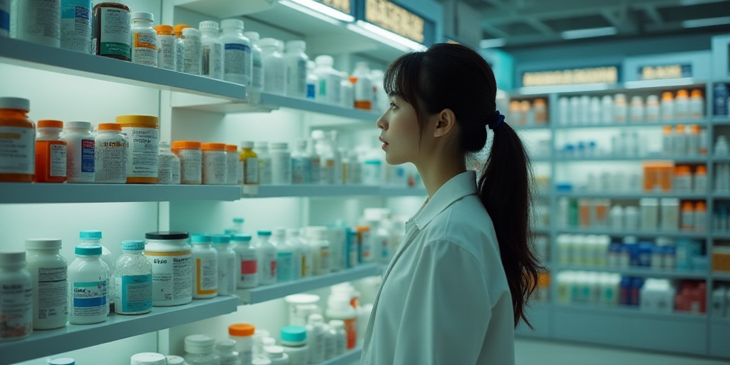 a woman in a pharmacy shop looking at a shelf of medicine bottles and other items on shelving units,