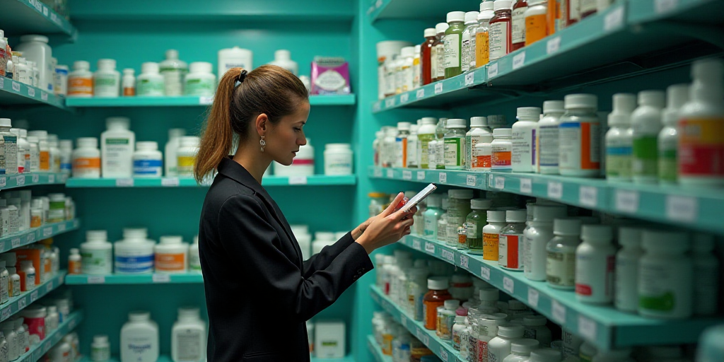 a woman in a pharmacy shop selecting medicine from shelves of medicine bottles and pills on the shel
