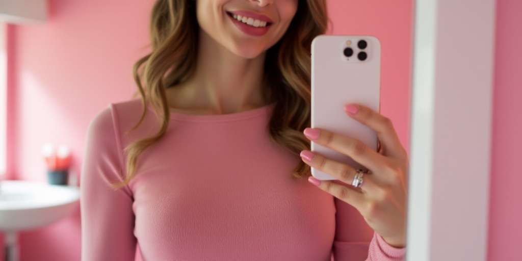a woman in a pink top taking a selfie with her phone in a mirror with a nail salon, Anna Maria Barba