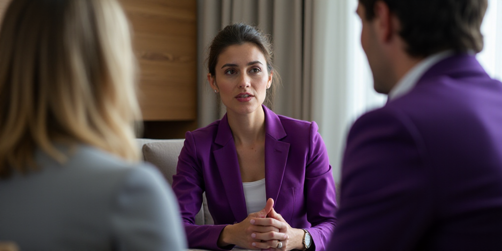 a woman in a purple jacket is sitting in a chair and talking to someone in a white shirt and purple